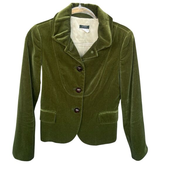 J Crew Velvet Blazer Womens Size 2 Green Covered Buttons Office Holiday - Picture 1 of 11